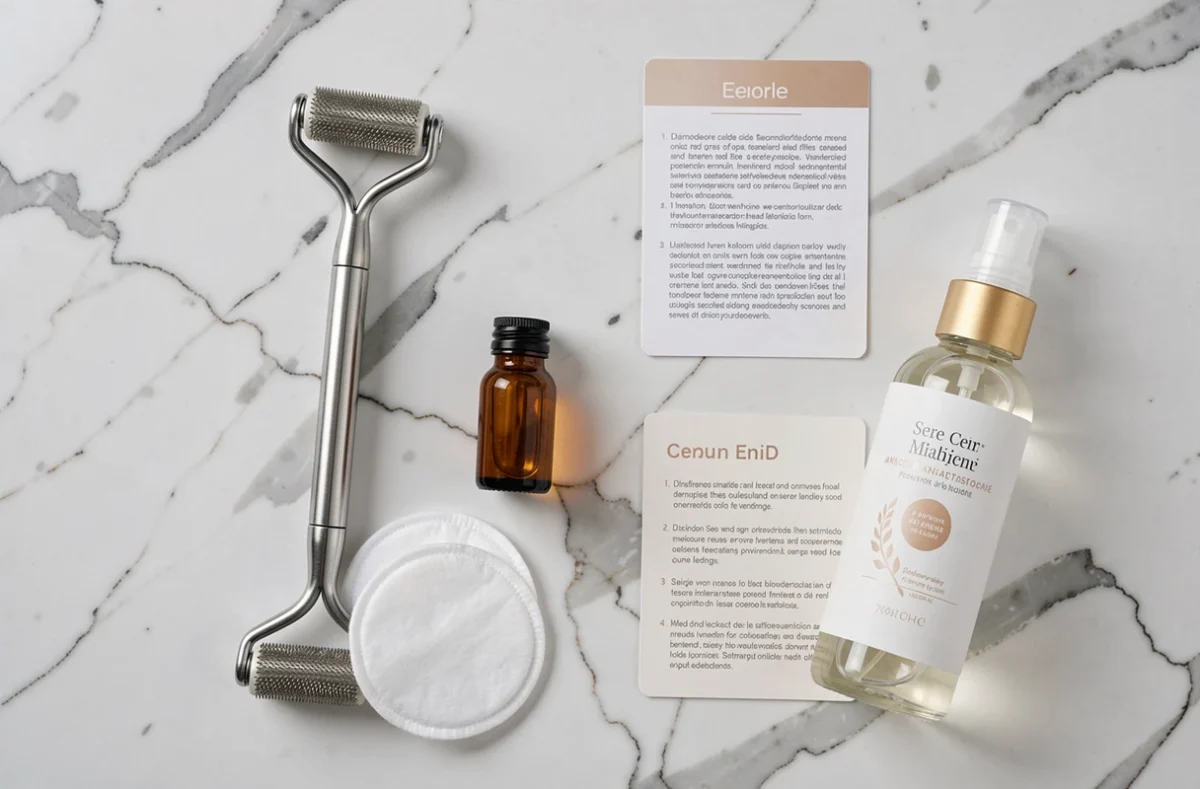 Vue de dessus d'un dermaroller et d'accessoires de soin de la peau disposés sur marbre blanc pour une routine de microneedling