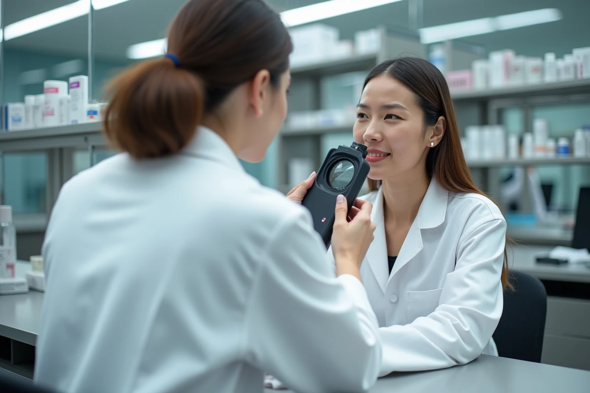 Dermatologue analysant l'hydratation cutanée d'une patiente dans un laboratoire cosmétique moderne