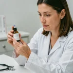 Dermatologue femme en blouse blanche examinant un flacon de soin Rovea Skin dans un cabinet médical professionnel