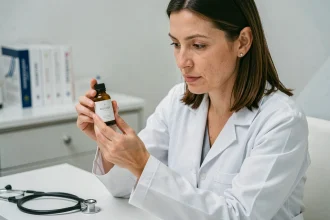 Dermatologue femme en blouse blanche examinant un flacon de soin Rovea Skin dans un cabinet médical professionnel