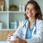 Dermatologue souriante tenant un pot de creme visage