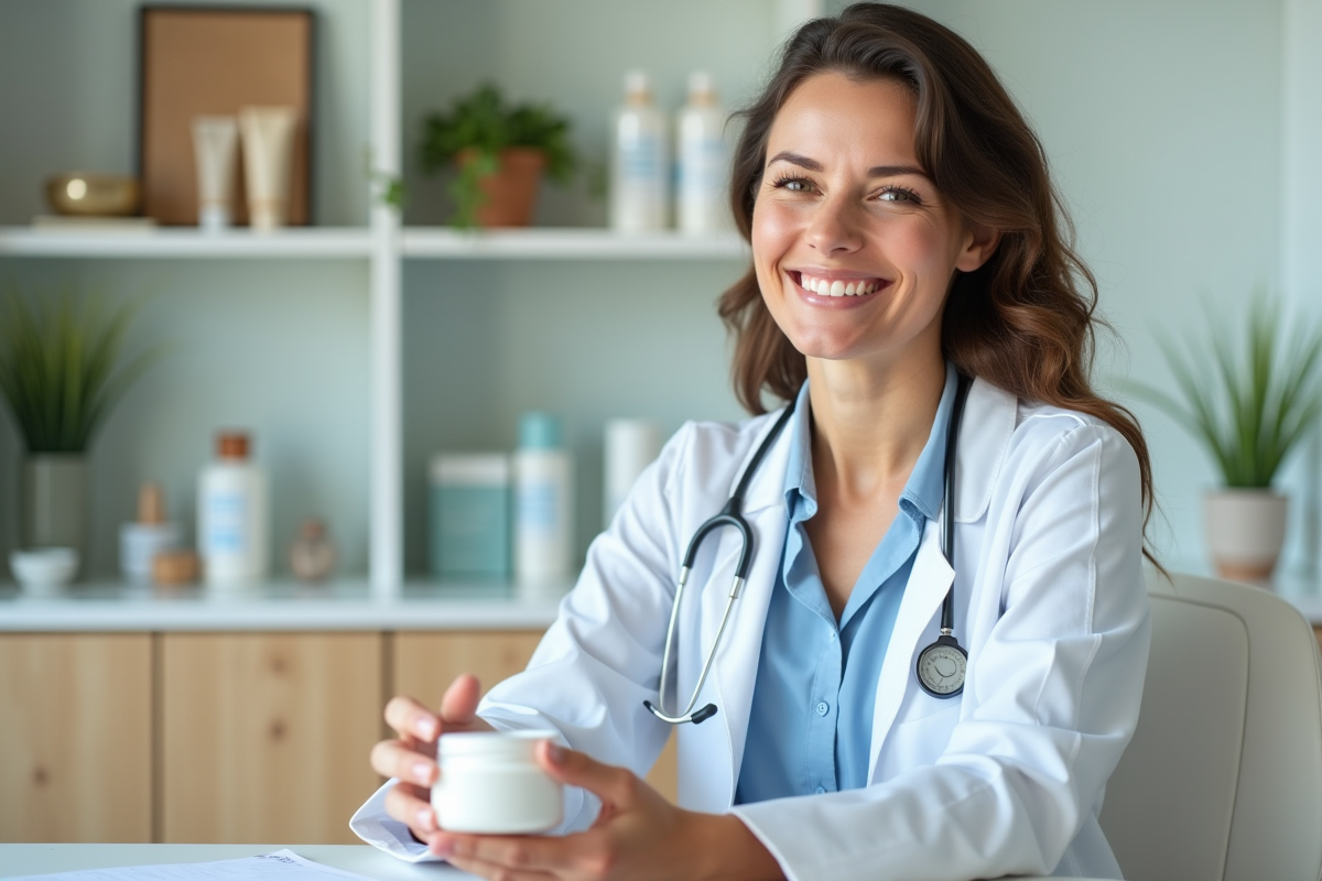 Dermatologue souriante tenant un pot de creme visage