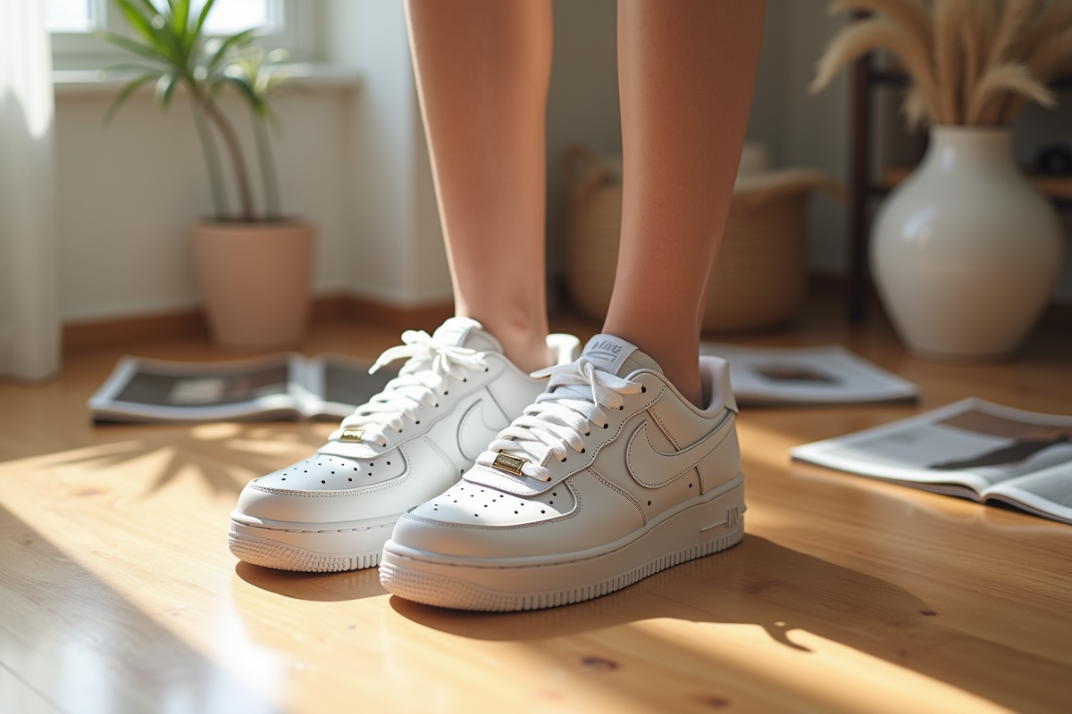 Zoom sur des sneakers blanches Air Force One sur un sol en bois intérieur