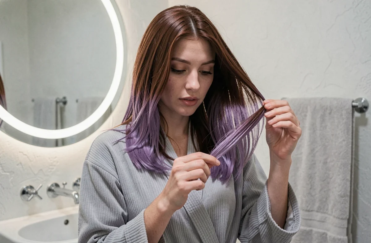Femme examinant la durée de tenue d'une patine violette sur cheveux châtains dans une salle de bain