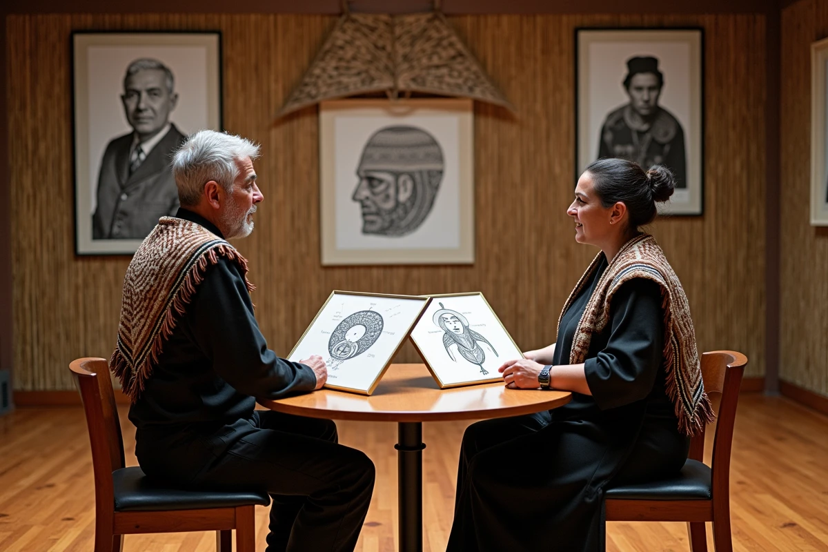 Éducateurs culturels maoris discutant des significations des symboles de tatouage traditionnel dans un centre culturel