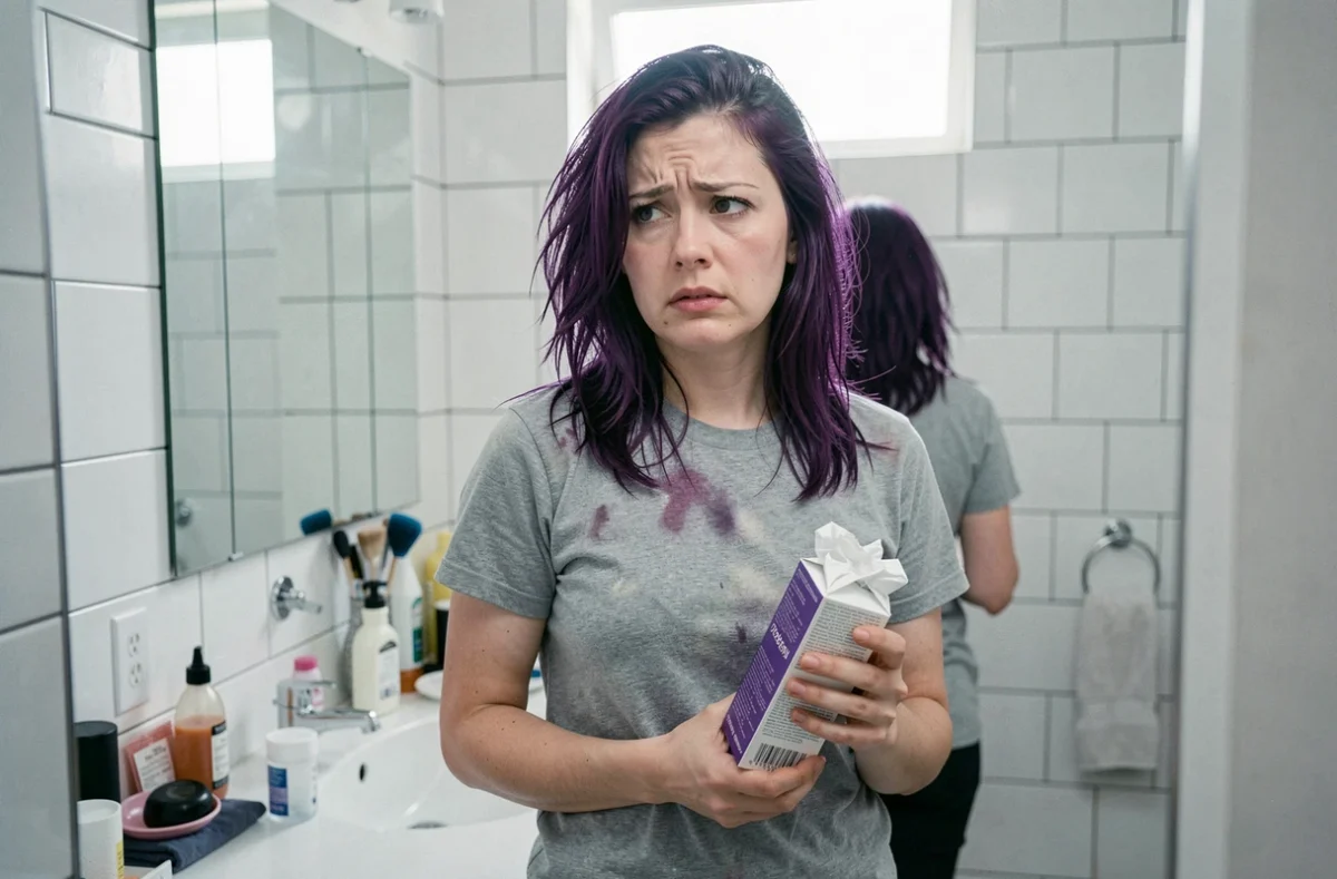 Femme dans une salle de bain constatant les erreurs de sa coloration violine foncé faite maison