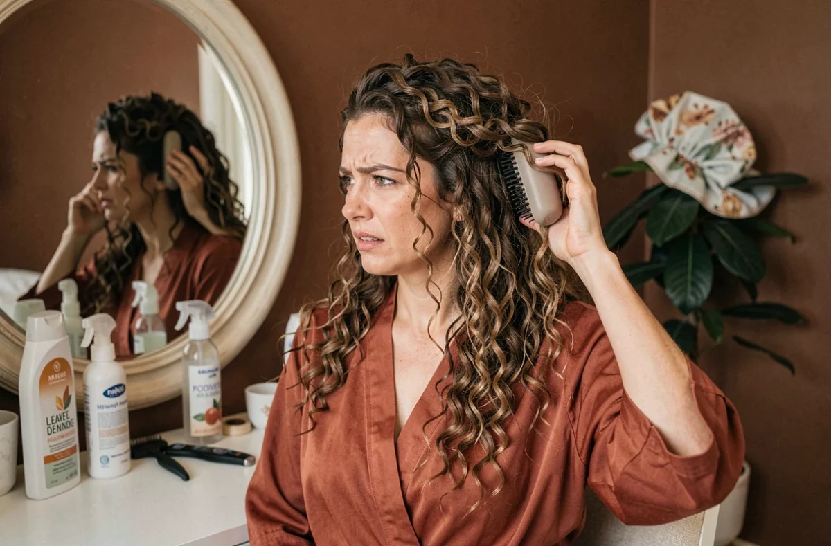 Femme aux cheveux bouclés longs utilisant une brosse massante à mauvais escient sur cheveux secs, avec des signes visibles de frisottis et de casse