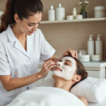 Estheticienne appliquant un masque visage à une cliente détendue