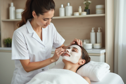 Estheticienne appliquant un masque visage à une cliente détendue