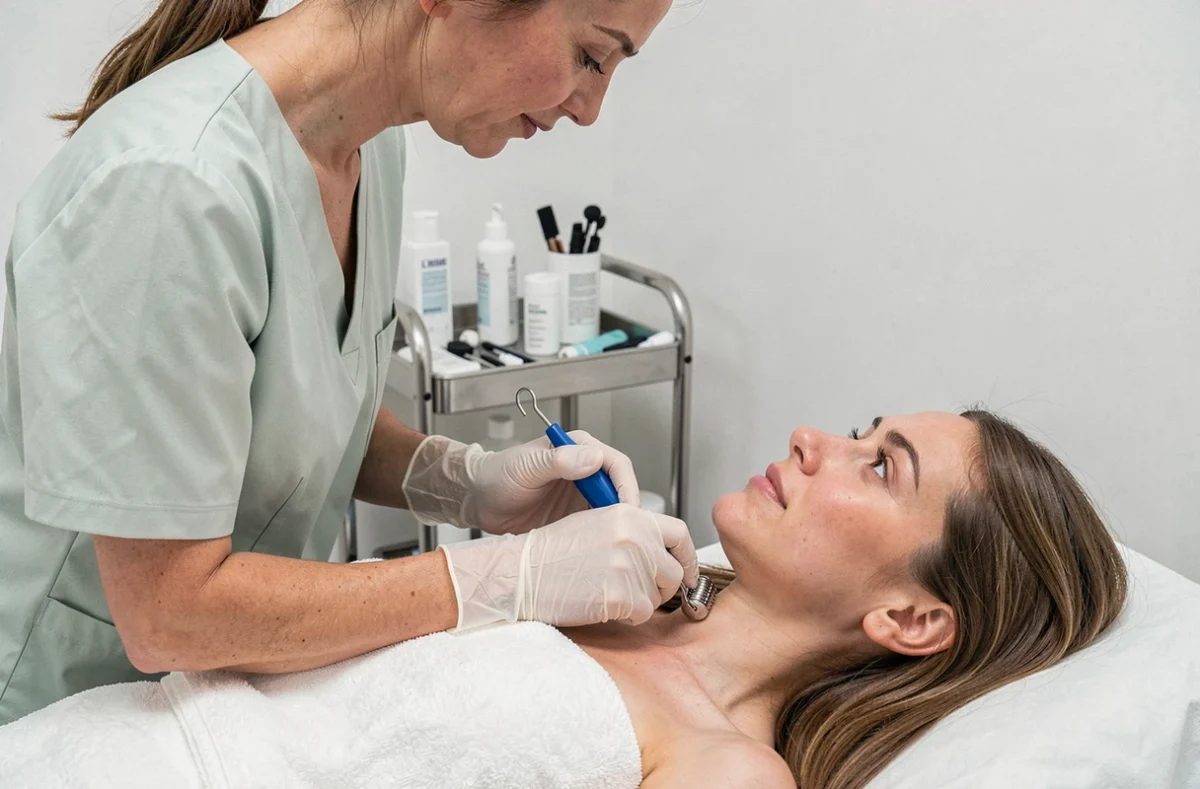Esthéticienne professionnelle montrant la technique correcte d'utilisation d'un dermaroller sur une cliente dans un institut de soins