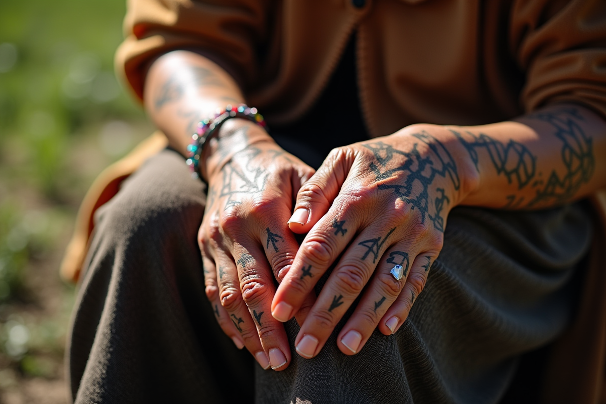 Femme âgée avec tatouages ancestraux en plein jour