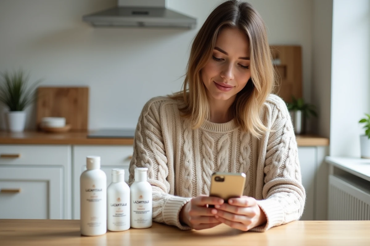 Jeune femme lisant des avis Lazartigue sur les réseaux sociaux entourée de produits capillaires anti-chute sur une table de cuisine