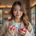 Femme souriante avec produits de beauté dans un magasin chic