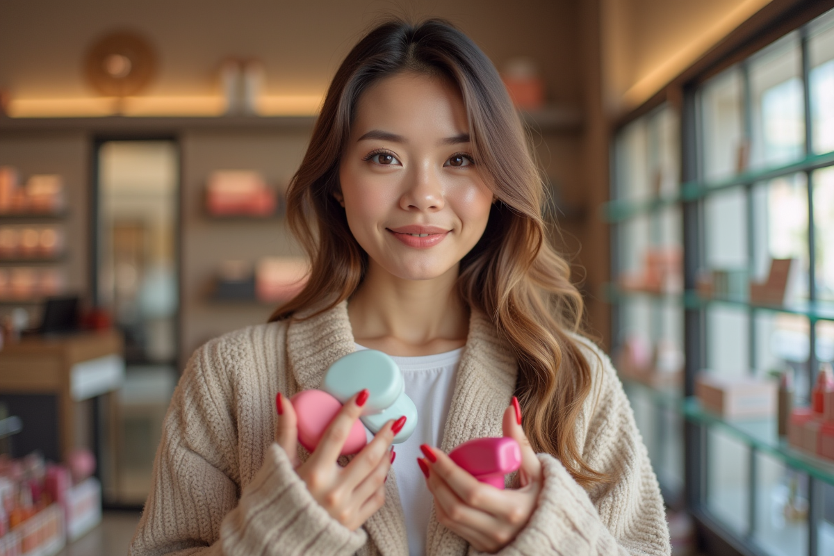 Femme souriante avec produits de beauté dans un magasin chic