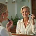 Femme élégante appliquant du fond de teint devant un miroir