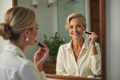 Femme élégante appliquant du fond de teint devant un miroir