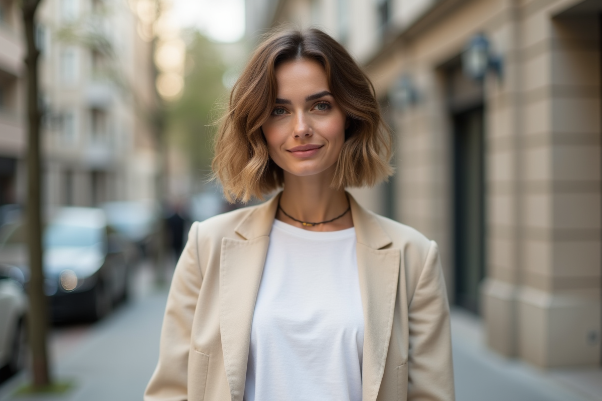 Femme avec coupe bob et blazer beige en ville