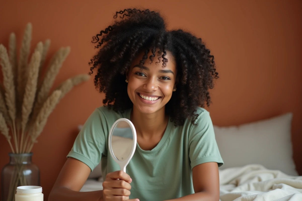 Femme aux cheveux bouclés mixtes admirant ses boucles définies après application de crème coiffante