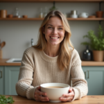 Femme souriante dégustant un bouillon d'os dans une cuisine chaleureuse