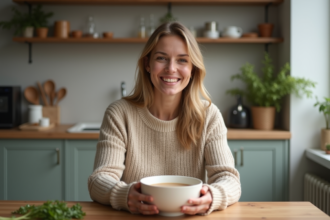 Femme souriante dégustant un bouillon d'os dans une cuisine chaleureuse