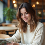 Femme souriante aux cheveux ondulés dans un café moderne