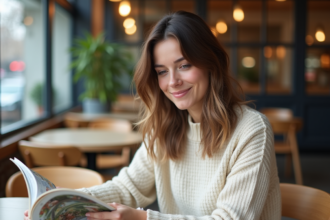 Femme souriante aux cheveux ondulés dans un café moderne