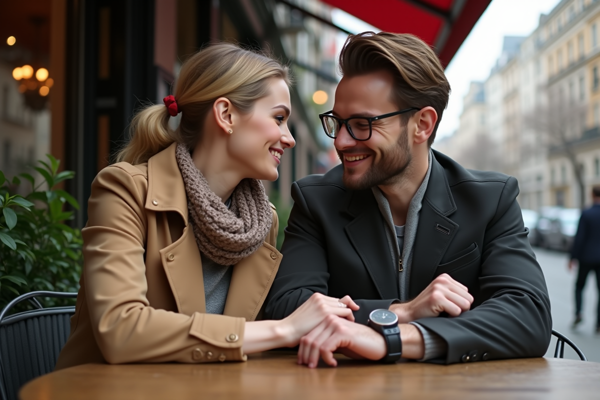 Femme souriante dans un café urbain avec un homme