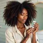 Jeune femme aux cheveux bouclés naturels appliquant une crème coiffante dans sa salle de bain