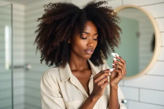 Jeune femme aux cheveux bouclés naturels appliquant une crème coiffante dans sa salle de bain