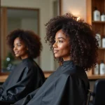 Femme aux cheveux bouclés naturels assise dans un fauteuil de salon coiffure haut de gamme, regardant sa coiffure dans le miroir
