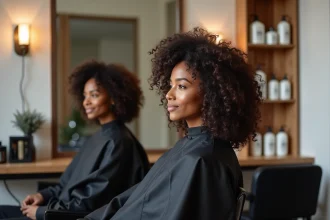 Femme aux cheveux bouclés naturels assise dans un fauteuil de salon coiffure haut de gamme, regardant sa coiffure dans le miroir