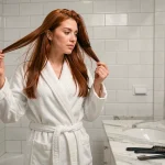 Femme examinant ses cheveux colorés aubrun près d'une bouteille de Bétadine dans une salle de bain moderne