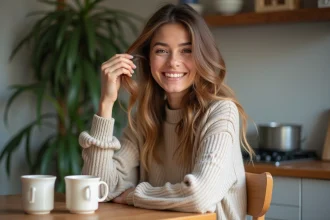 Femme aux cheveux longs et dégradés dans une ambiance cosy