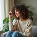 Femme aux cheveux bouclés et sourire détendu à la maison