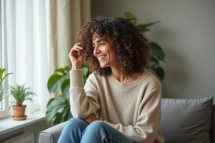 Femme aux cheveux bouclés et sourire détendu à la maison