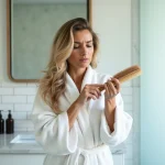 Femme examinant sa brosse à cheveux dans une salle de bain moderne, illustrant la problématique de chute de cheveux et l'utilisation de produits Lazartigue