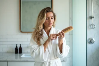 Femme examinant sa brosse à cheveux dans une salle de bain moderne, illustrant la problématique de chute de cheveux et l'utilisation de produits Lazartigue