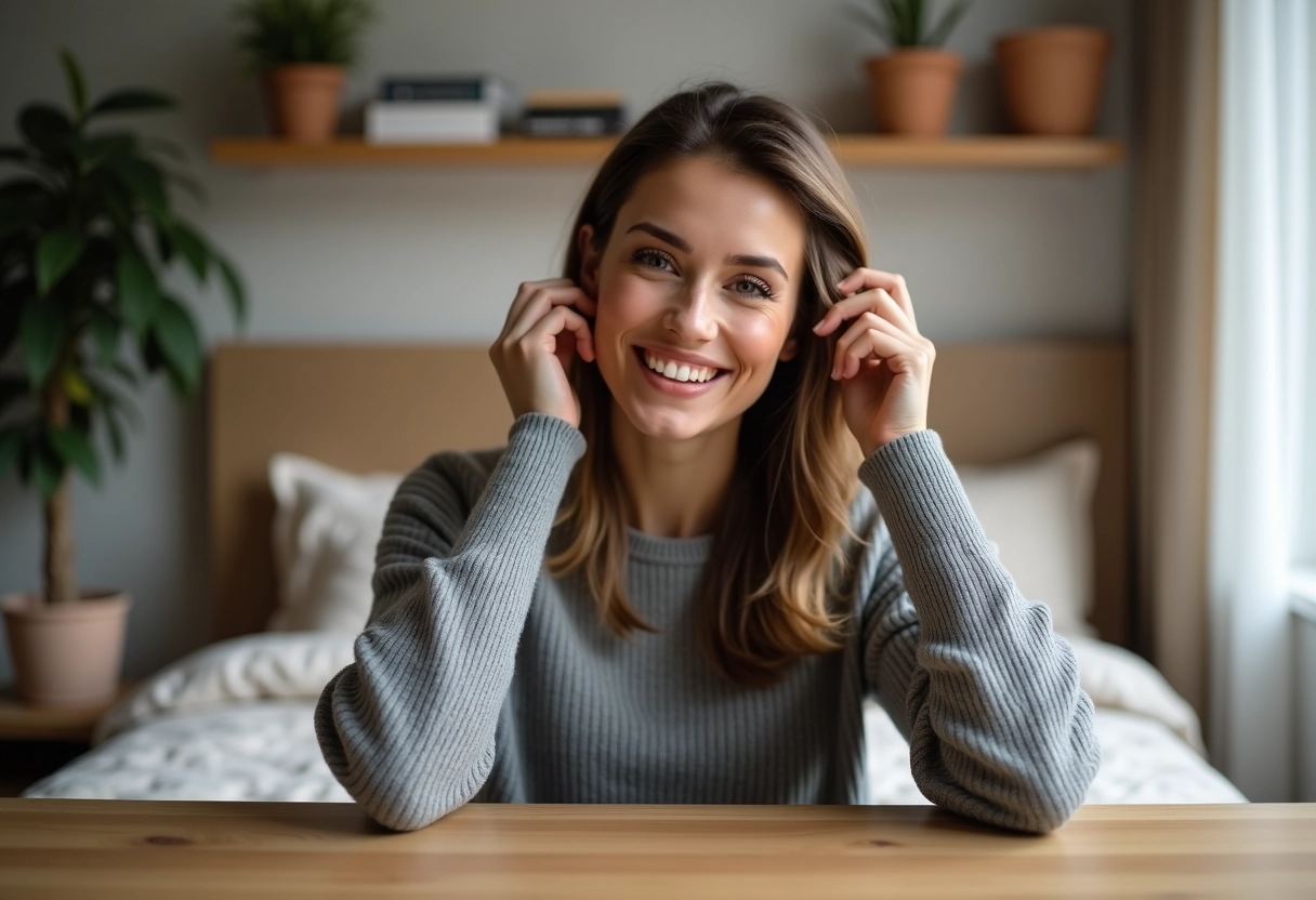 Femme souriante coiffant ses cheveux dans sa chambre chaleureuse