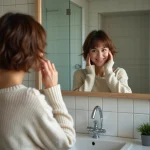 Femme coiffant ses cheveux devant un miroir dans une salle de bain
