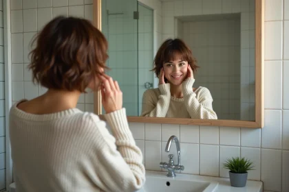 Femme coiffant ses cheveux devant un miroir dans une salle de bain