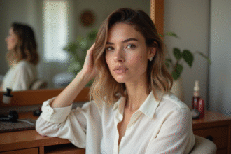 Femme en coiffure réfléchie devant un miroir dans une chambre