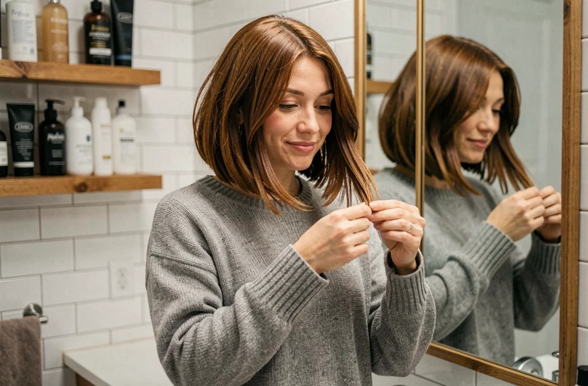 Femme admirant sa nouvelle coupe au carré devant le miroir de sa salle de bain après une transition depuis les cheveux longs