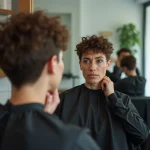 Femme en salon de coiffure examinant sa coupe courte permanente dans le miroir avec une expression hésitante