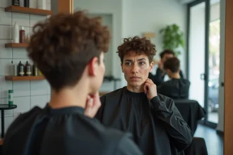 Femme en salon de coiffure examinant sa coupe courte permanente dans le miroir avec une expression hésitante