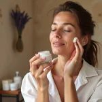 Femme d'une quarantaine d'années appliquant une crème anti-âge bio La Provençale sur son visage dans une salle de bain provençale