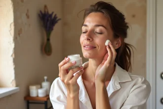 Femme d'une quarantaine d'années appliquant une crème anti-âge bio La Provençale sur son visage dans une salle de bain provençale
