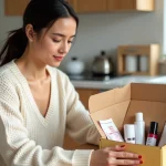 Femme découvrant le contenu de sa box beauté mensuelle sur une table en bois dans une cuisine moderne et cosy
