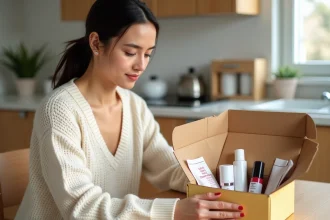 Femme découvrant le contenu de sa box beauté mensuelle sur une table en bois dans une cuisine moderne et cosy