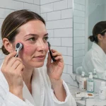 Femme utilisant un dermaroller sur son visage devant un miroir de salle de bain pour un soin de microneedling à domicile