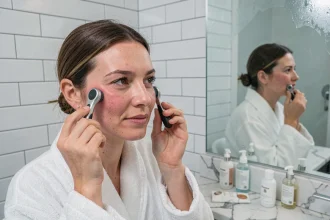 Femme utilisant un dermaroller sur son visage devant un miroir de salle de bain pour un soin de microneedling à domicile